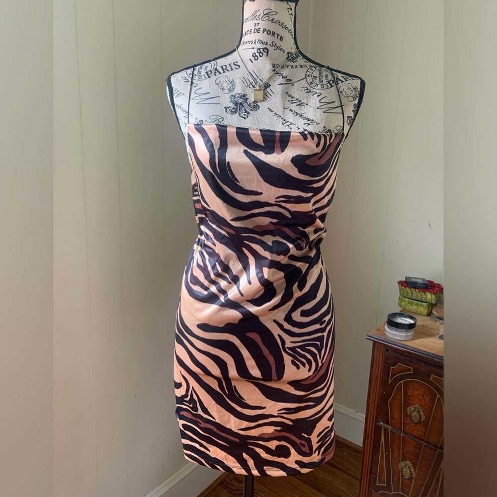 Zara Zebra Print Satin Slip Dress Mini Brown Tan Y2K Bodycon Party Size S - Picture 3 of 6